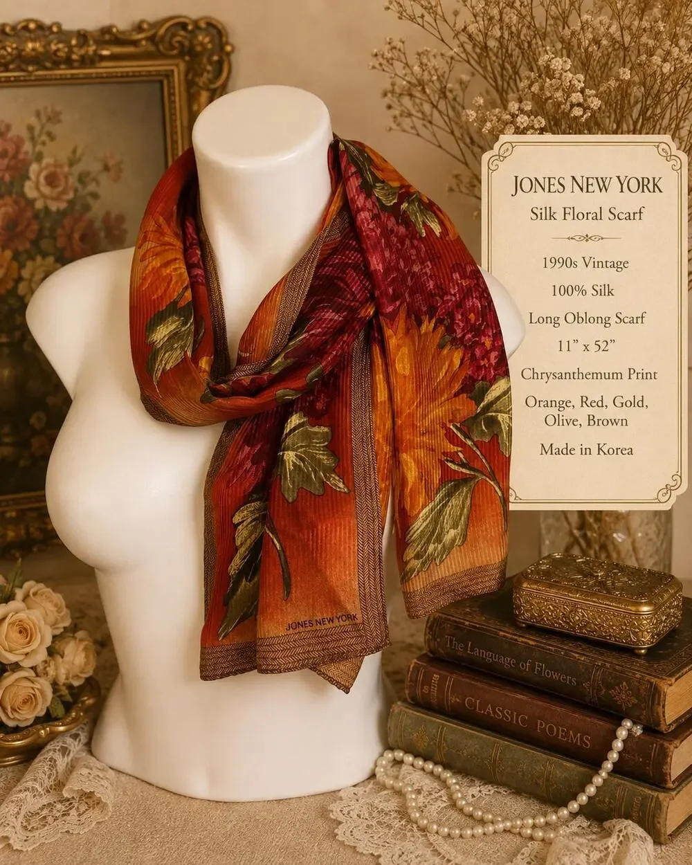 Vintage Jones New York Silk Floral Scarf 1990s Orange Red Chrysanthemum 11x52